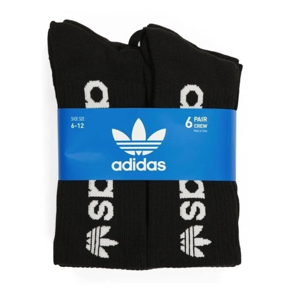 6 PAIR ADIDAS MEN TREFOIL Moisture Wicking STRETCH Socks Black WHITE Large 6-12